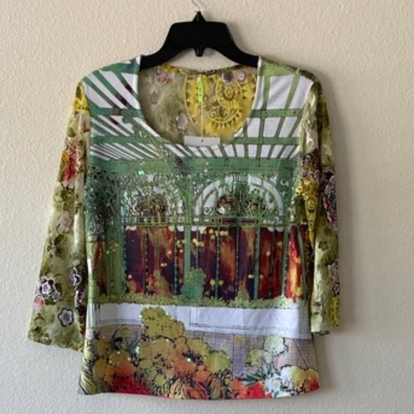 Graphic Top with Lace Back and Sleeves - Picture 1 of 2